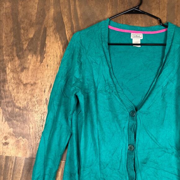 LL Bean Women Sweater Teal Open Cardigan Button Front Pockets Cashmere Blend M - Picture 4 of 11